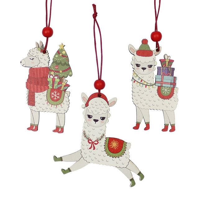 HUADODO 3Pcs Wooden Alpaca Christmas Pendants Ornaments Xmas Tree Hanging Decoration for home New year Decor kids toys
