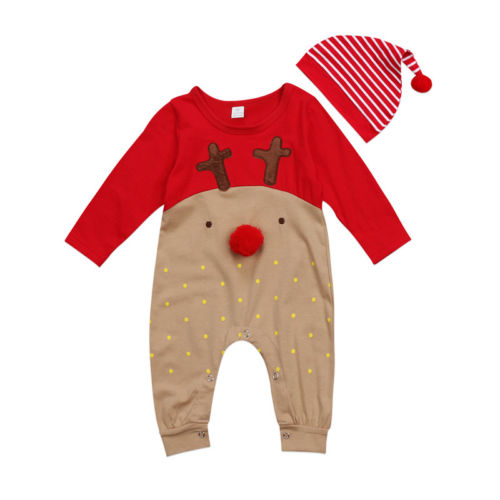 Emmababy 2Pcs Newborn Baby Boys Girl Christmas Rompers Long Sleeve Deer Romper Jumpsuit Hat Sleepwear Party Costume Baby Clothes