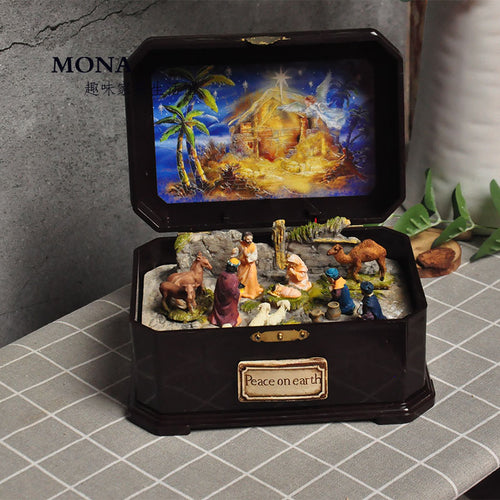 Catholic Manger Group Jesus Nativity Scene Decoration Sound and Light Music Box Decoration Christmas Gift Resin Crafts