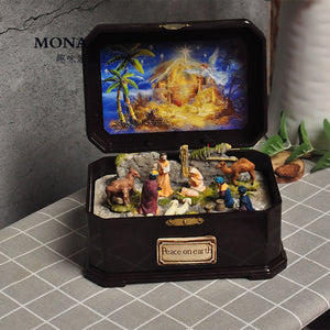 Catholic Manger Group Jesus Nativity Scene Decoration Sound and Light Music Box Decoration Christmas Gift Resin Crafts