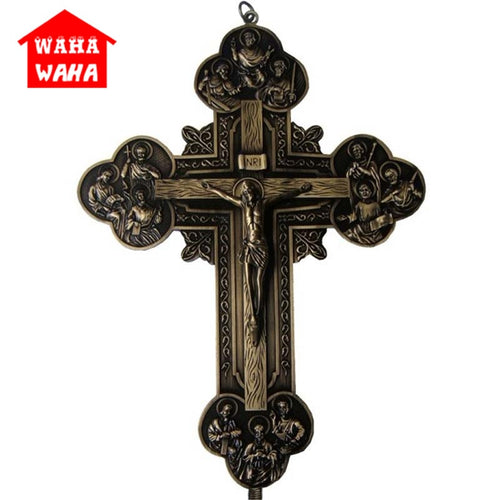 32.5CM Wall Cross Carving The Twelve Apostles Icon Jesus Cross Pendant Ornaments Jesu Crucifix Rood Lamb of God INRI Desk Decor