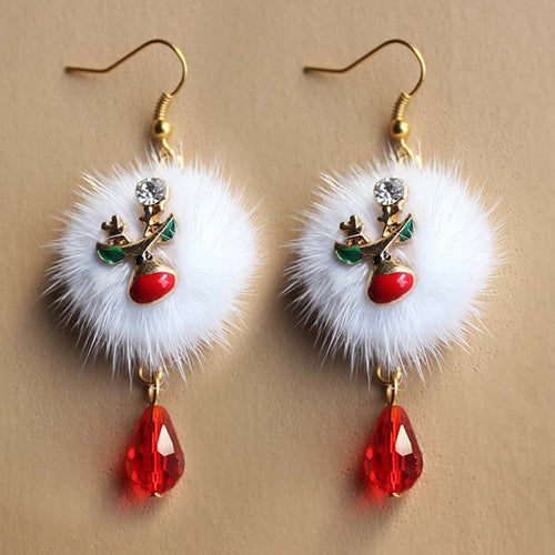 Brand New Year Gift Santa Claus Plum Deer White Velvet Ball Red Crystal Drop Earring Pendant Long Earrings For Christmas HR